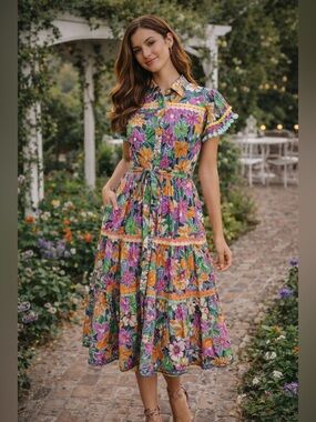 CeliaB Aneeta Floral Tiered Midi Dress XS Colorful Resort Garden Party Boho